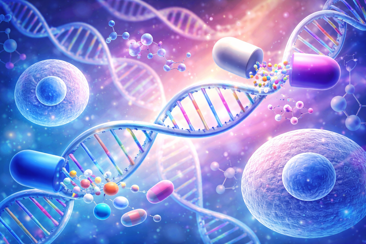 Représentation artistique d'une molécule en interaction avec des éléments génétiques symbolisés par des hélices d'ADN et des cellules.